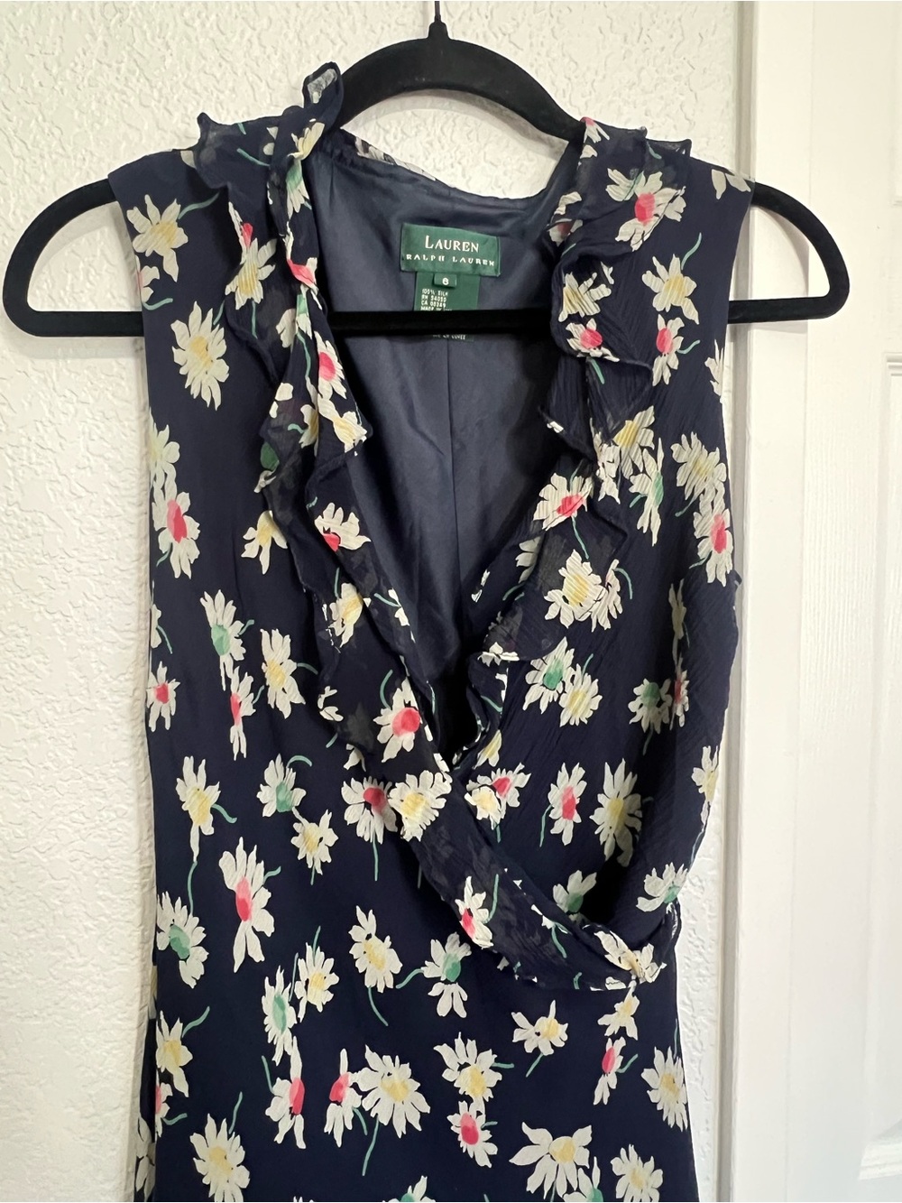 Lauren Ralph Lauren Silk Floral Ruffle Neck Midi Dress Navy Sleeveless Size 8 - Picture 3 of 10